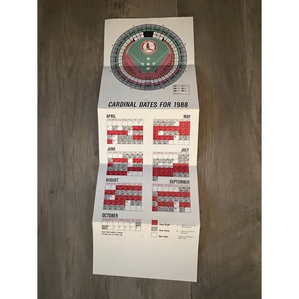 1988 St Louis Cardinals Season Schedule Calendar‎ Spirit Good Condition!